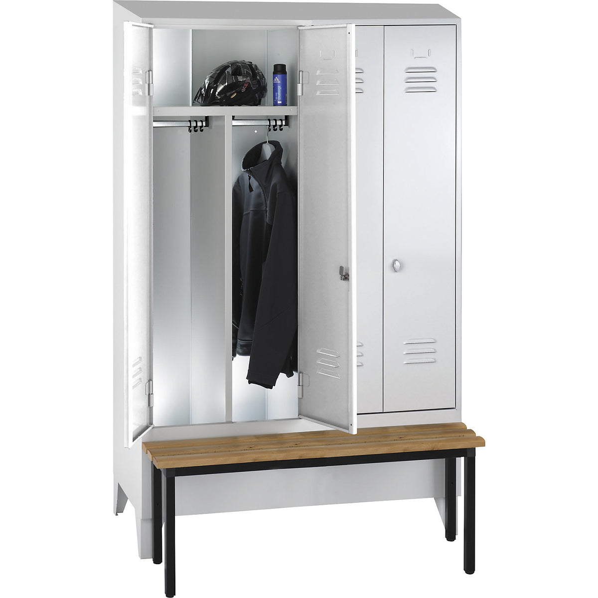 Berlin 2 clean and dirty locker with bench seat, centre divider, 2 compartments, light grey, W 1200 mm, bench mounted in front, beech wood, sloping roof.