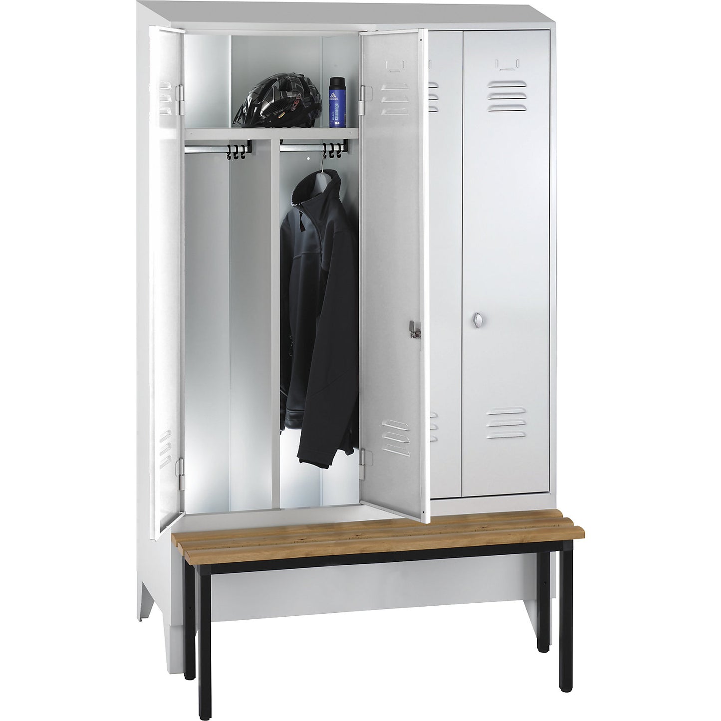 Berlin 2 clean and dirty locker with bench seat, centre divider, 2 compartments, light grey, W 1200 mm, bench mounted in front, beech wood, sloping roof.