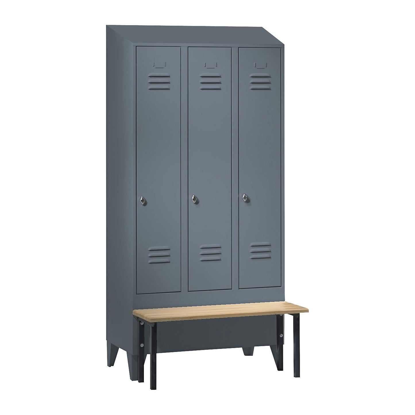 Berlin 2 clothes locker with bench seat, 3 compartments, blue grey, W 900 mm, bench mounted in front, beech wood, sloping roof.