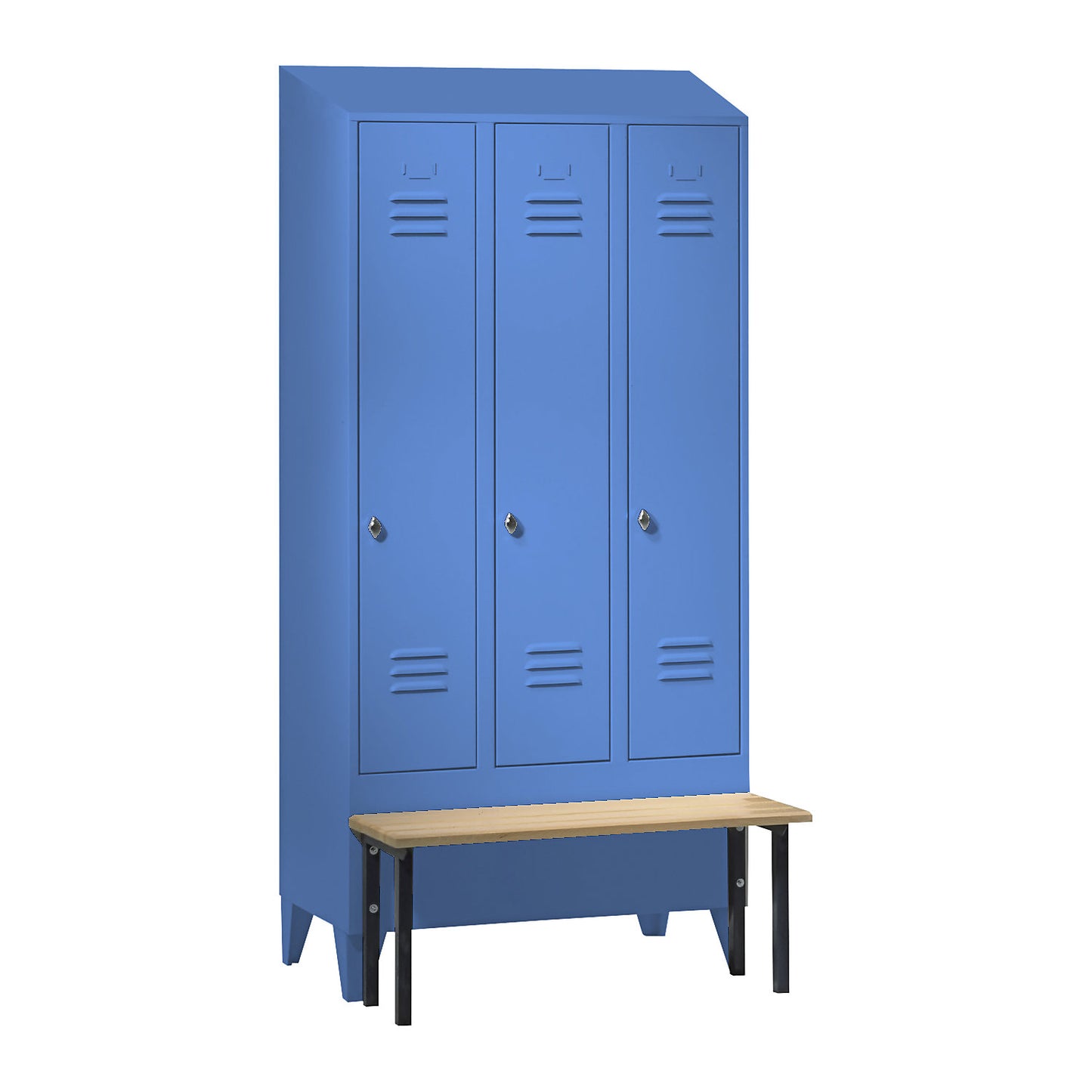 Berlin 2 clothes locker with bench seat, 3 compartments, light blue, W 900 mm, bench mounted in front, beech wood, sloping roof.