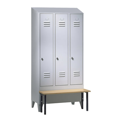 Berlin 2 clothes locker with bench seat, 3 compartments, light grey, W 900 mm, bench mounted in front, beech wood, sloping roof.