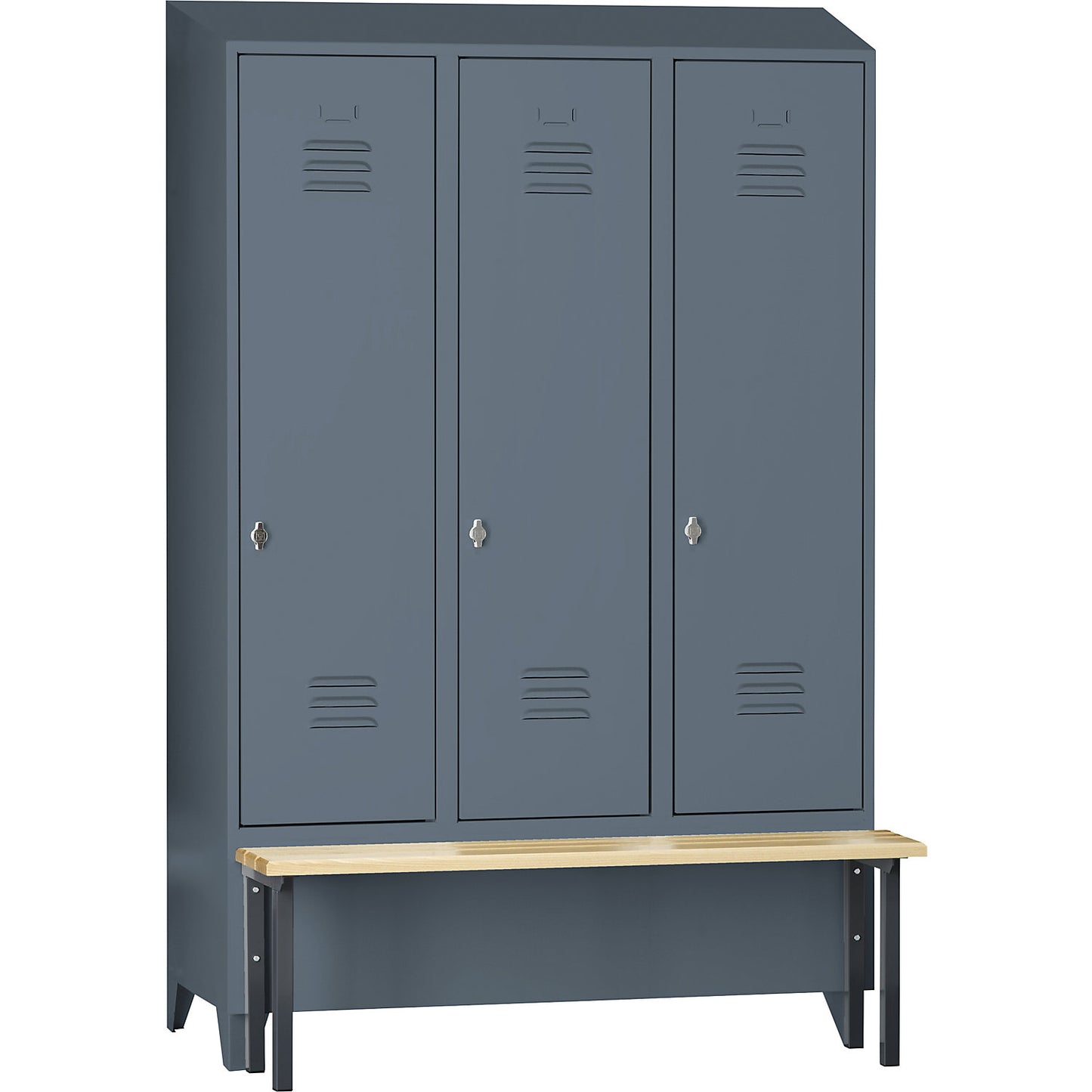 Berlin 2 clothes locker with bench seat, 3 compartments, blue grey, W 1200 mm, bench mounted in front, beech wood, sloping roof.