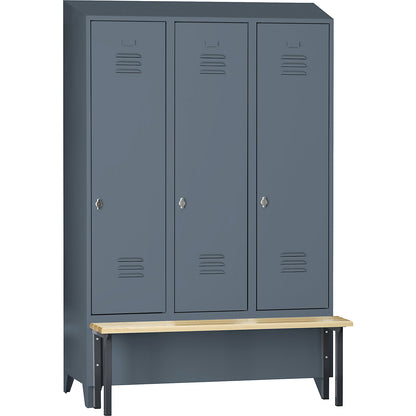 Berlin 2 clothes locker with bench seat, 3 compartments, blue grey, W 1200 mm, bench mounted in front, beech wood, sloping roof.