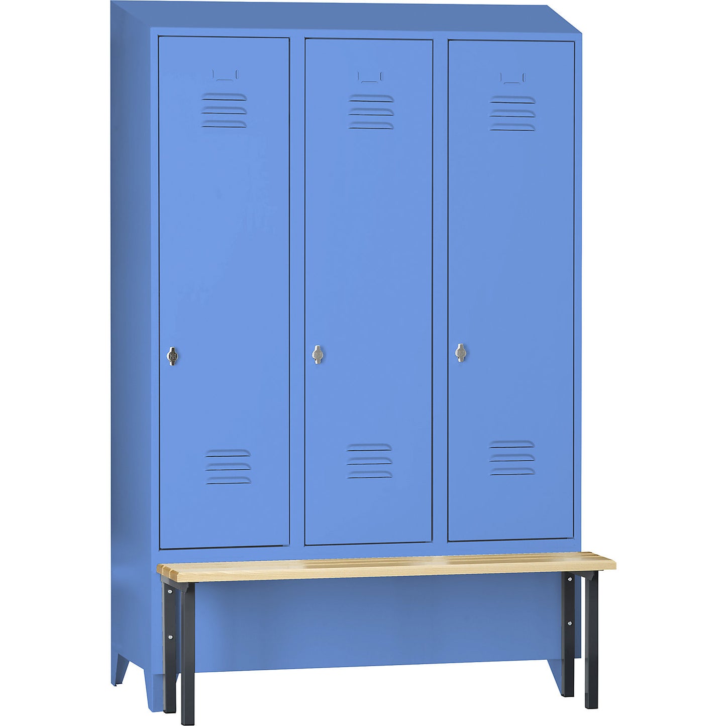 Berlin 2 clothes locker with bench seat, 3 compartments, light blue, W 1200 mm, bench mounted in front, beech wood, sloping roof.
