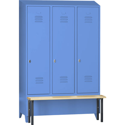 Berlin 2 clothes locker with bench seat, 3 compartments, light blue, W 1200 mm, bench mounted in front, beech wood, sloping roof.