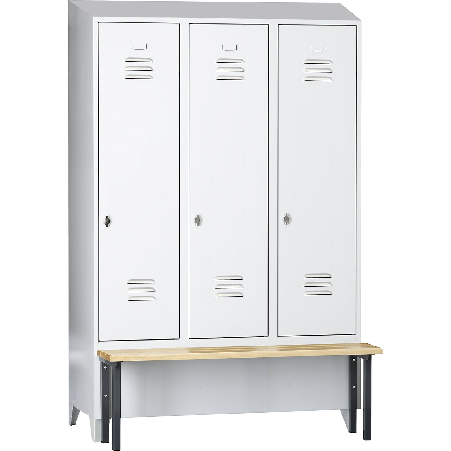 Berlin 2 clothes locker with bench seat, 3 compartments, light grey, W 1200 mm, bench mounted in front, beech wood, sloping roof.