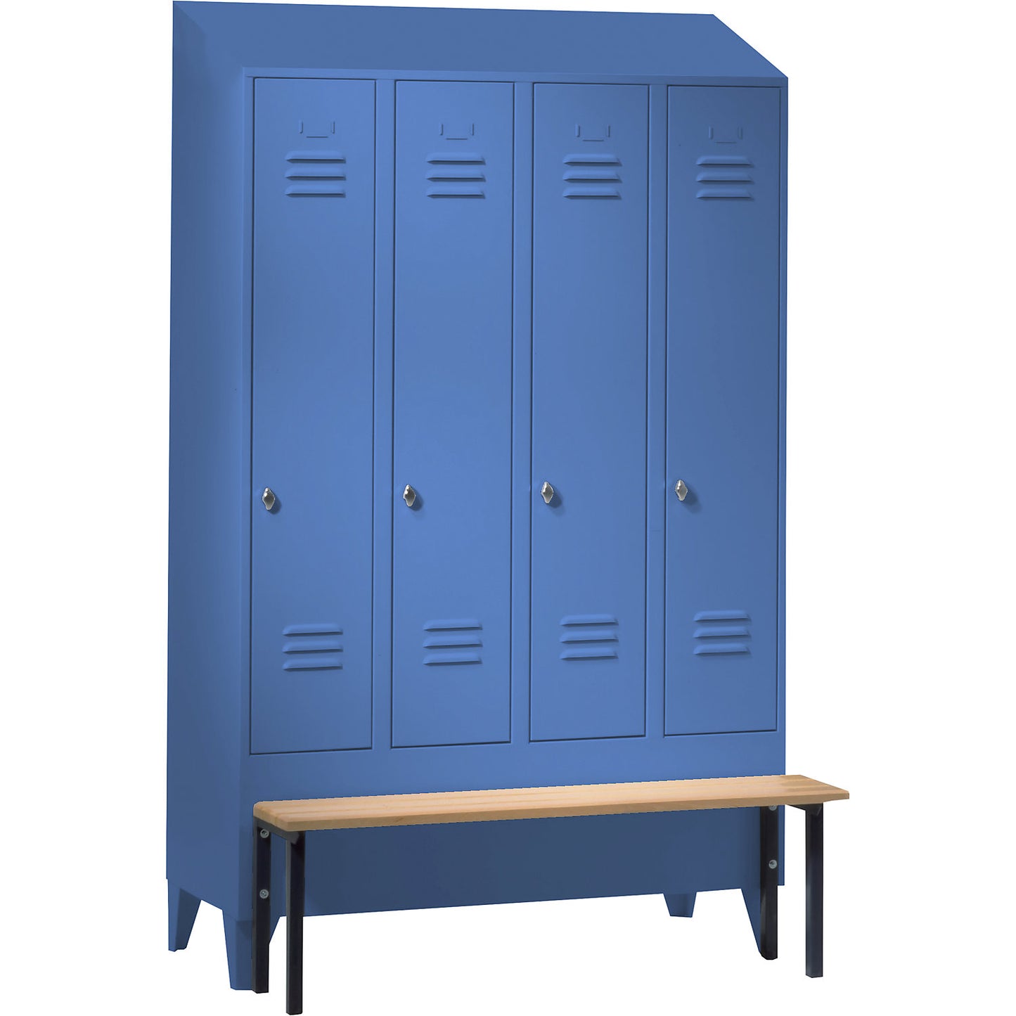 Berlin 2 clothes locker with bench seat, 4 compartments, light blue, W 1200 mm, bench mounted in front, beech wood, sloping roof.