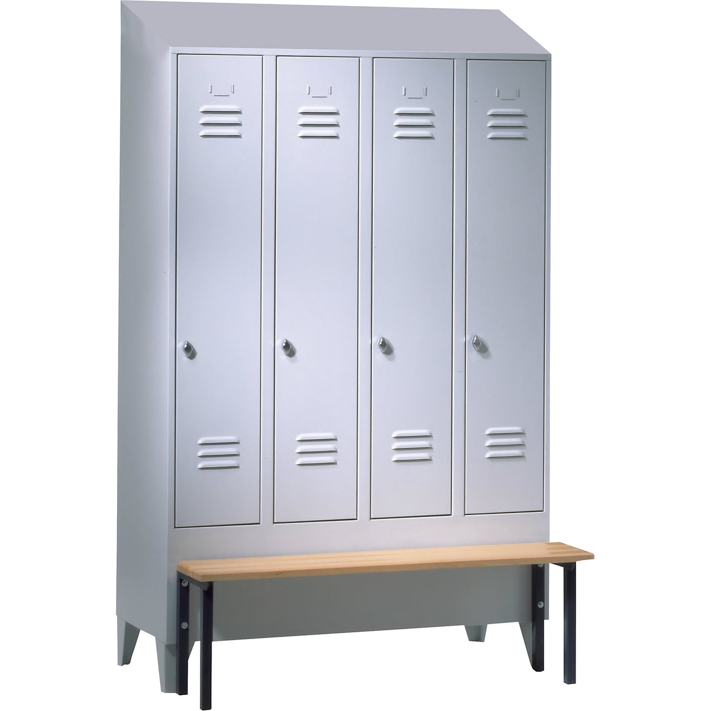 Berlin 2 clothes locker with bench seat, 4 compartments, light grey, W 1200 mm, bench mounted in front, beech wood, sloping roof.