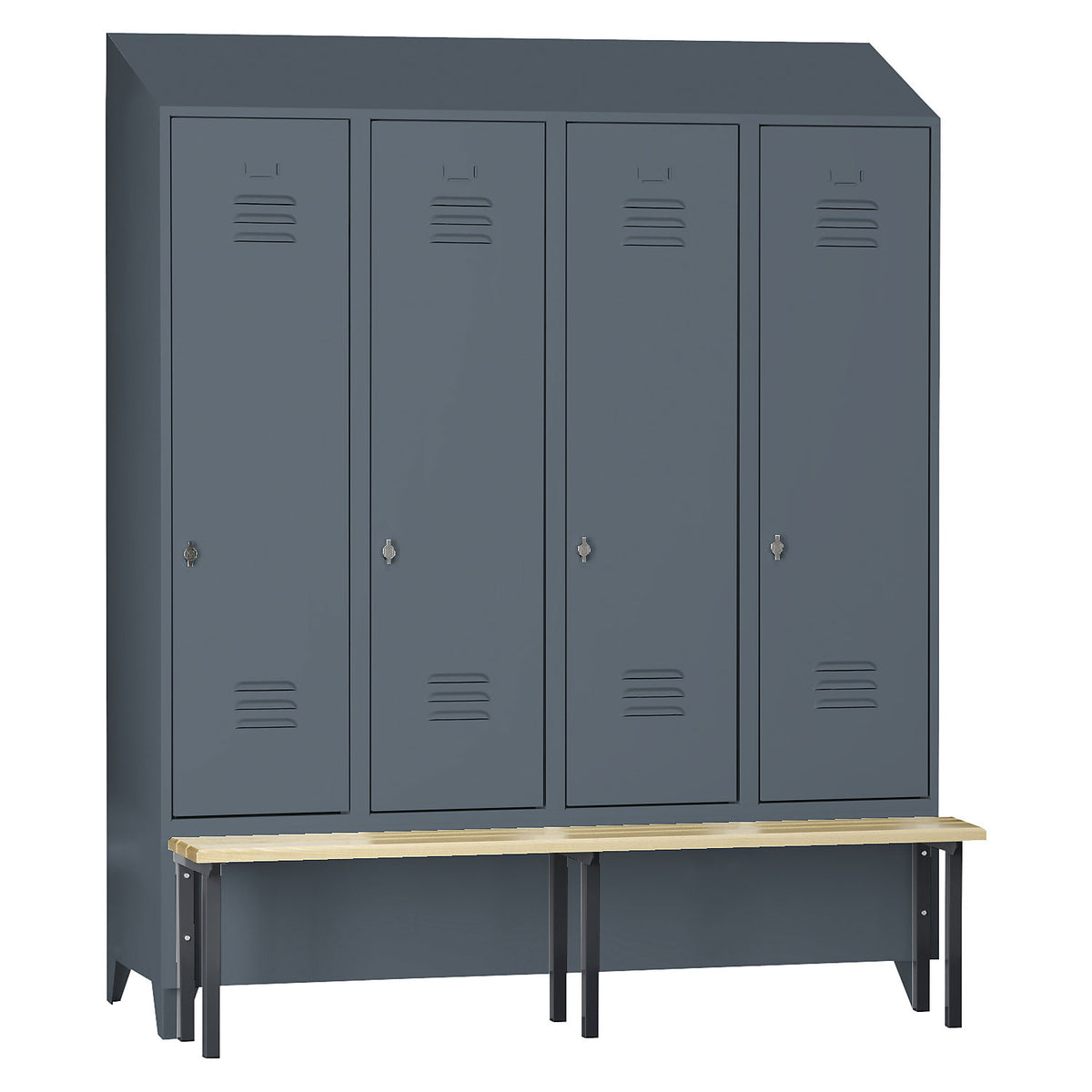 Berlin 2 clothes locker with bench seat, 4 compartments, blue grey, W 1600 mm, bench mounted in front, beech wood, sloping roof.