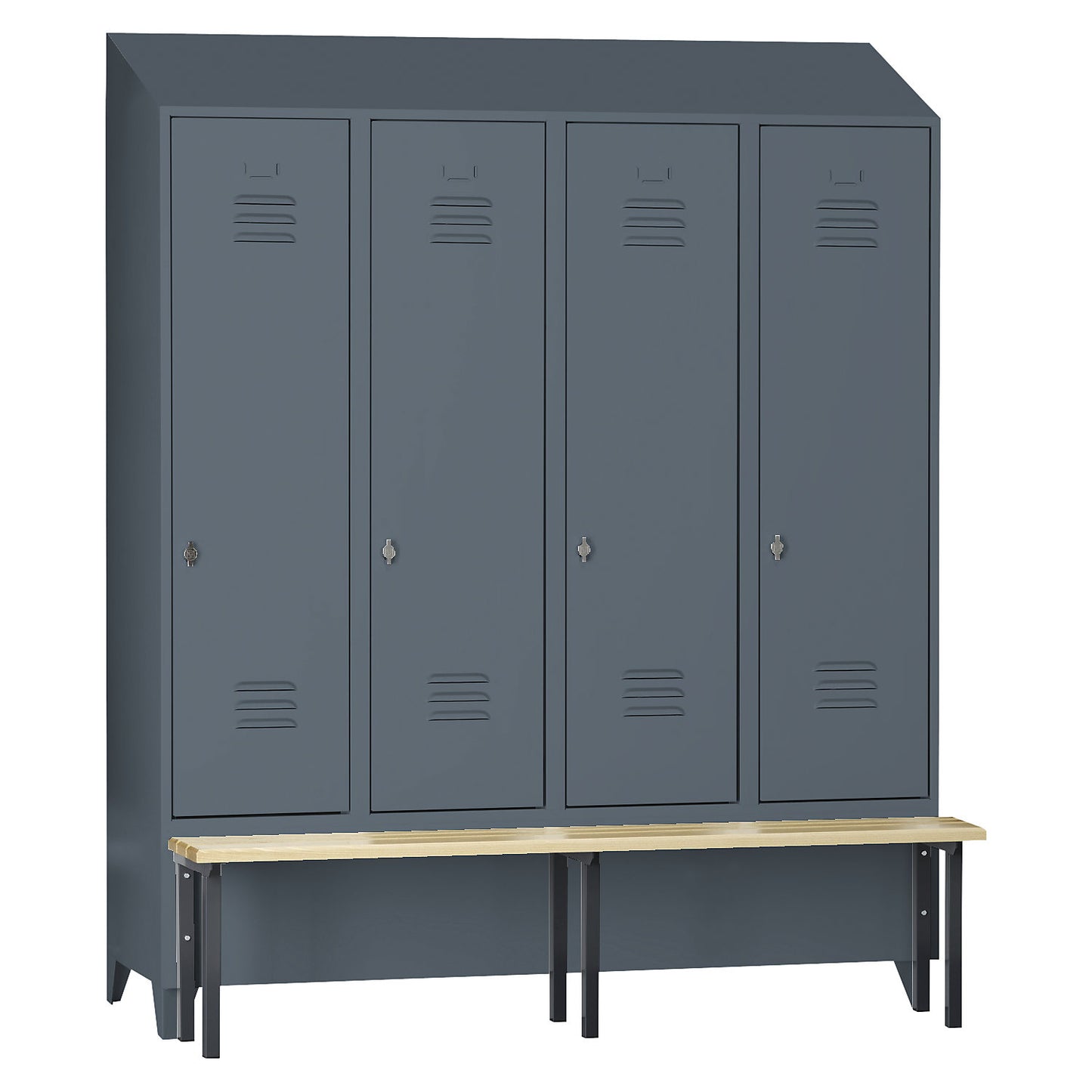 Berlin 2 clothes locker with bench seat, 4 compartments, blue grey, W 1600 mm, bench mounted in front, beech wood, sloping roof.