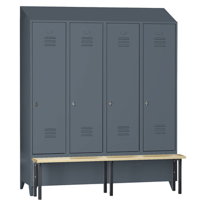 Berlin 2 clothes locker with bench seat, 4 compartments, blue grey, W 1600 mm, bench mounted in front, beech wood, sloping roof.