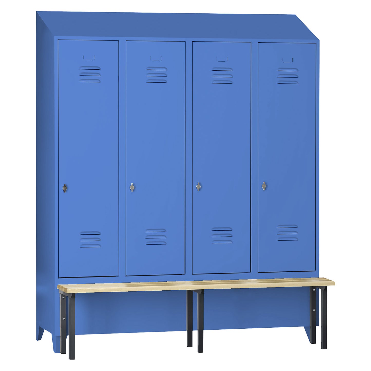 Berlin 2 clothes locker with bench seat, 4 compartments, light blue, W 1600 mm, bench mounted in front, beech wood, sloping roof.