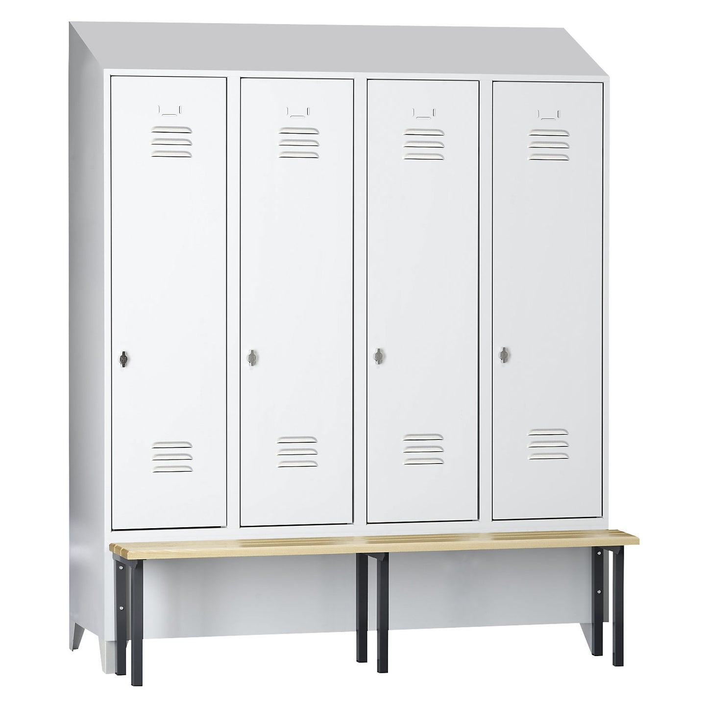 Berlin 2 clothes locker with bench seat, 4 compartments, light grey, W 1600 mm, bench mounted in front, beech wood, sloping roof.