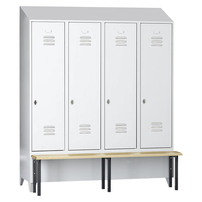 Berlin 2 clothes locker with bench seat, 4 compartments, light grey, W 1600 mm, bench mounted in front, beech wood, sloping roof.