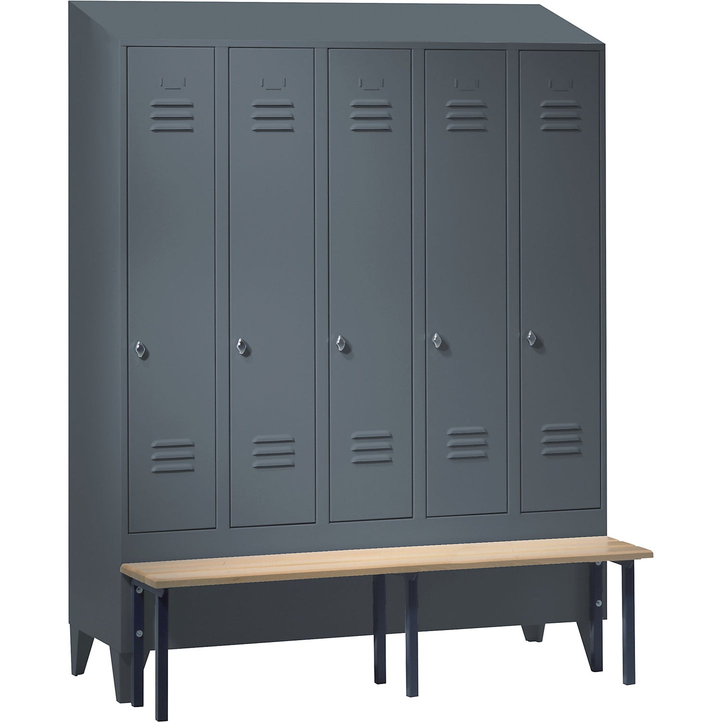 Berlin 2 clothes locker with bench seat, 5 compartments, blue grey, W 1500 mm, bench mounted in front, beech wood, sloping roof.