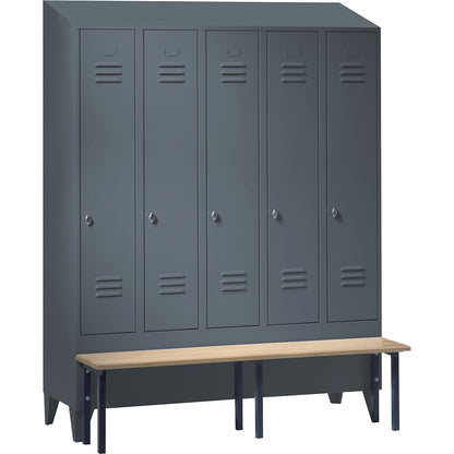 Berlin 2 clothes locker with bench seat, 5 compartments, blue grey, W 1500 mm, bench mounted in front, beech wood, sloping roof.