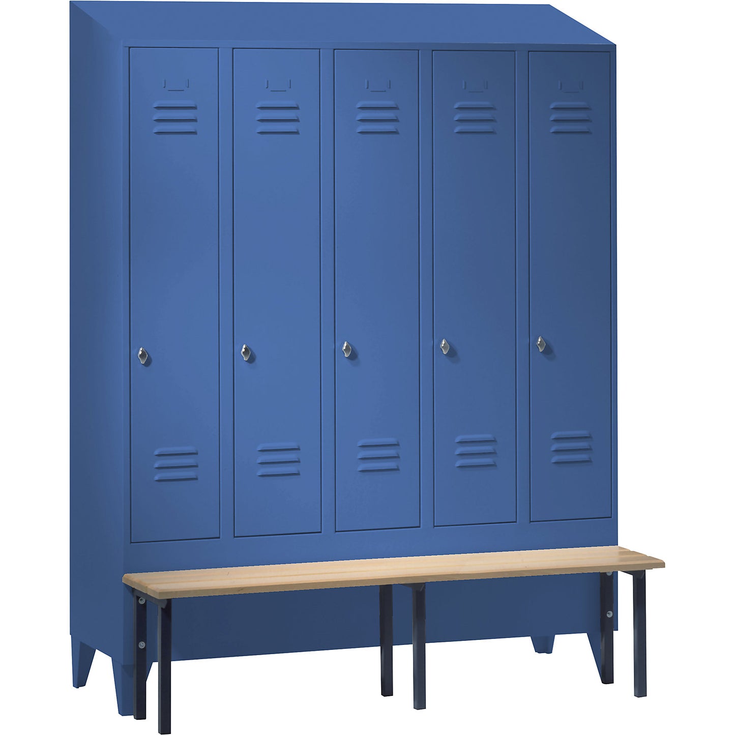 Berlin 2 clothes locker with bench seat, 5 compartments, light blue, W 1500 mm, bench mounted in front, beech wood, sloping roof.