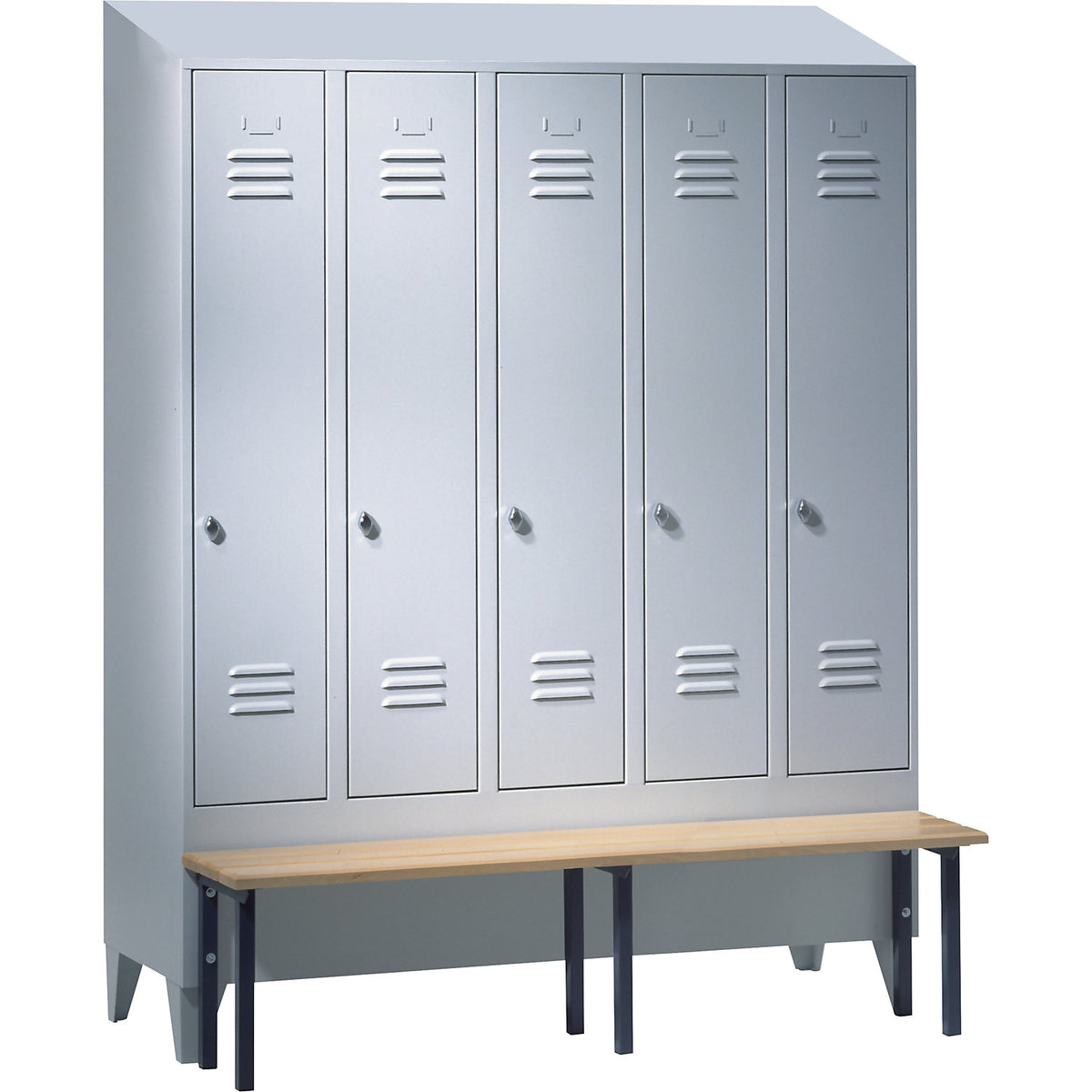 Berlin 2 clothes locker with bench seat, 5 compartments, light grey, W 1500 mm, bench mounted in front, beech wood, sloping roof.
