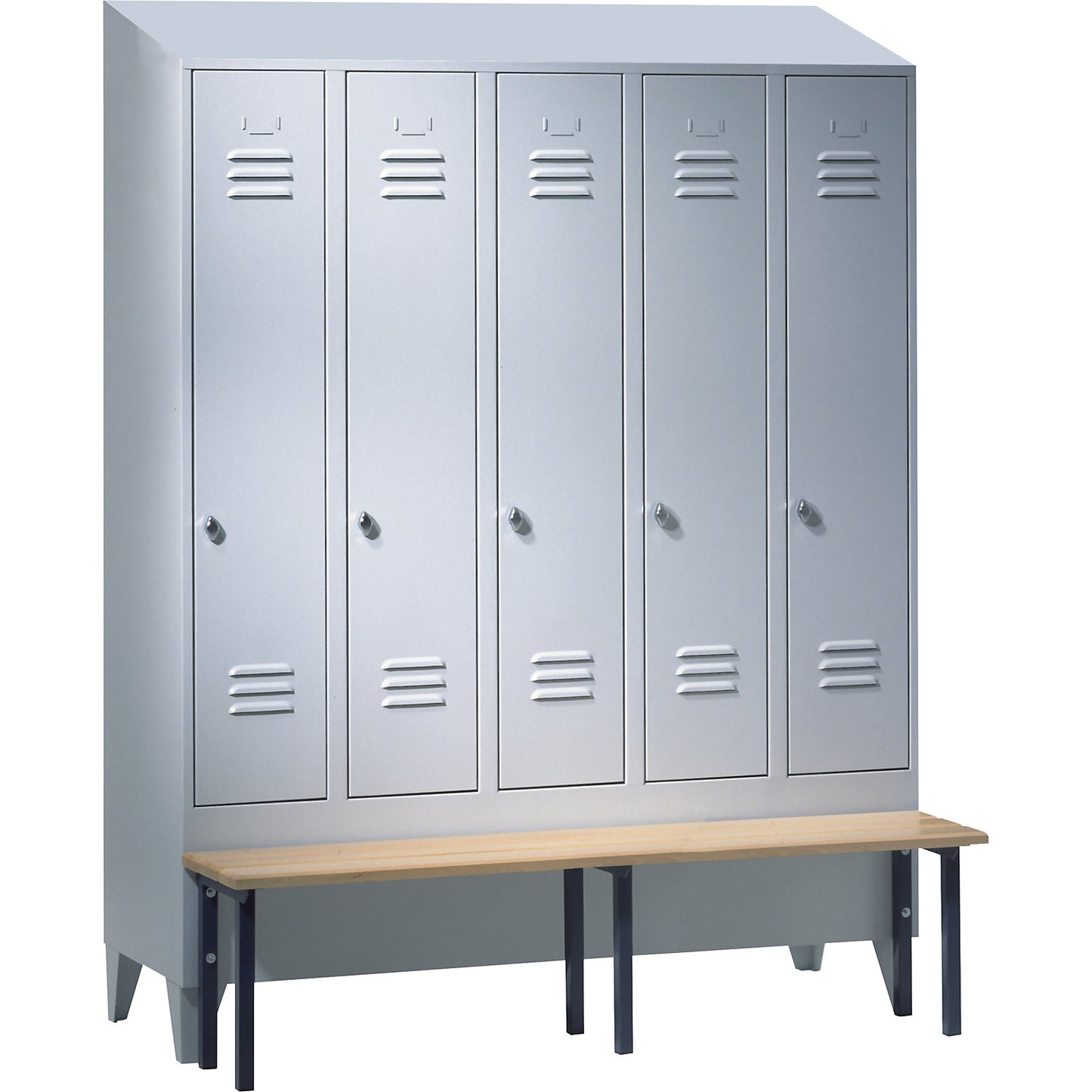 Berlin 2 clothes locker with bench seat, 5 compartments, light grey, W 1500 mm, bench mounted in front, beech wood, sloping roof.