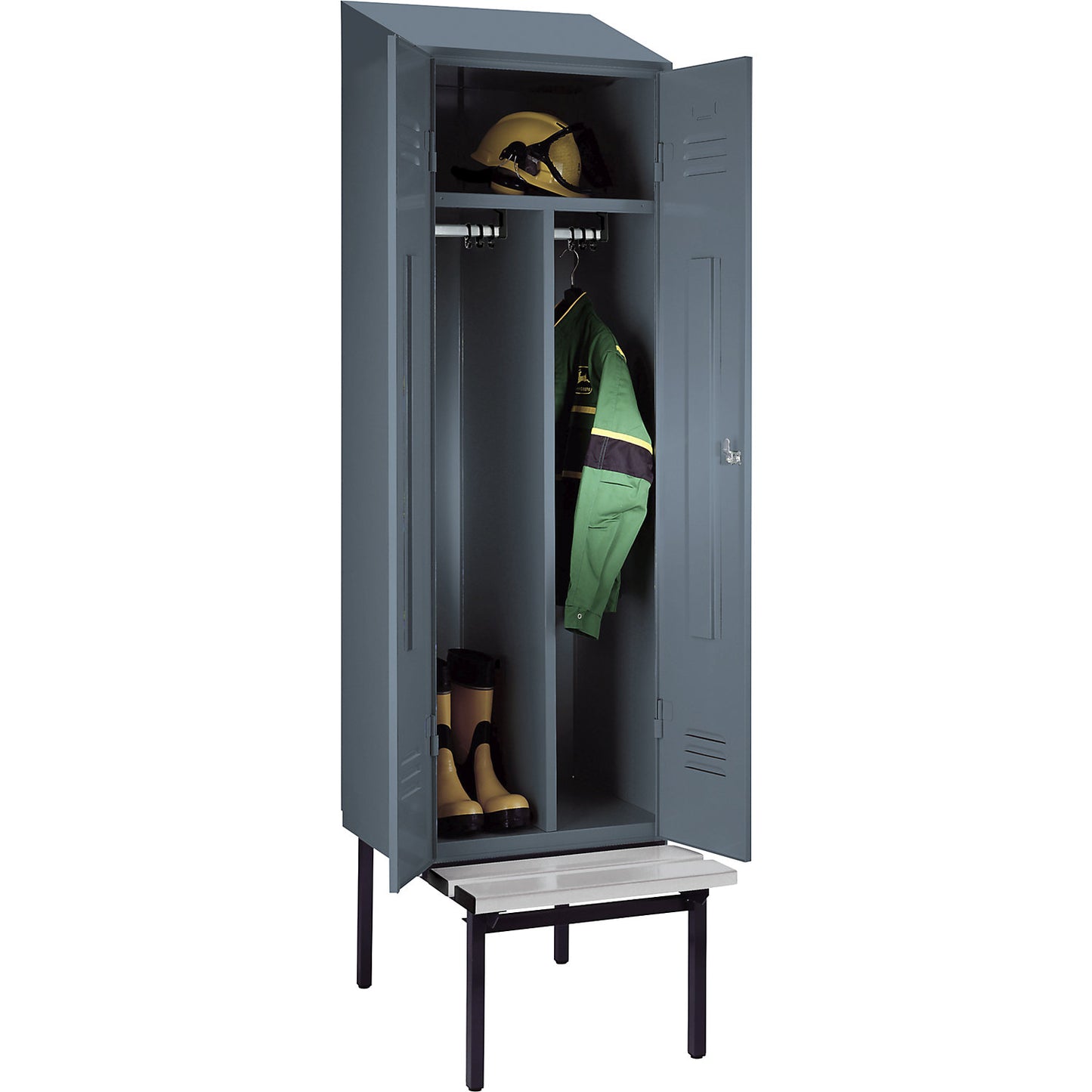 Berlin 2 clean and dirty locker with bench seat, centre divider, 1 compartment, blue grey, W 600 mm, bench fitted below, plastic, sloping roof.