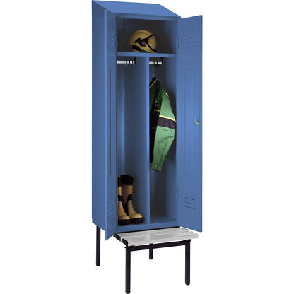 Berlin 2 clean and dirty locker with bench seat, centre divider, 1 compartment, light blue, W 600 mm, bench fitted below, plastic, sloping roof.