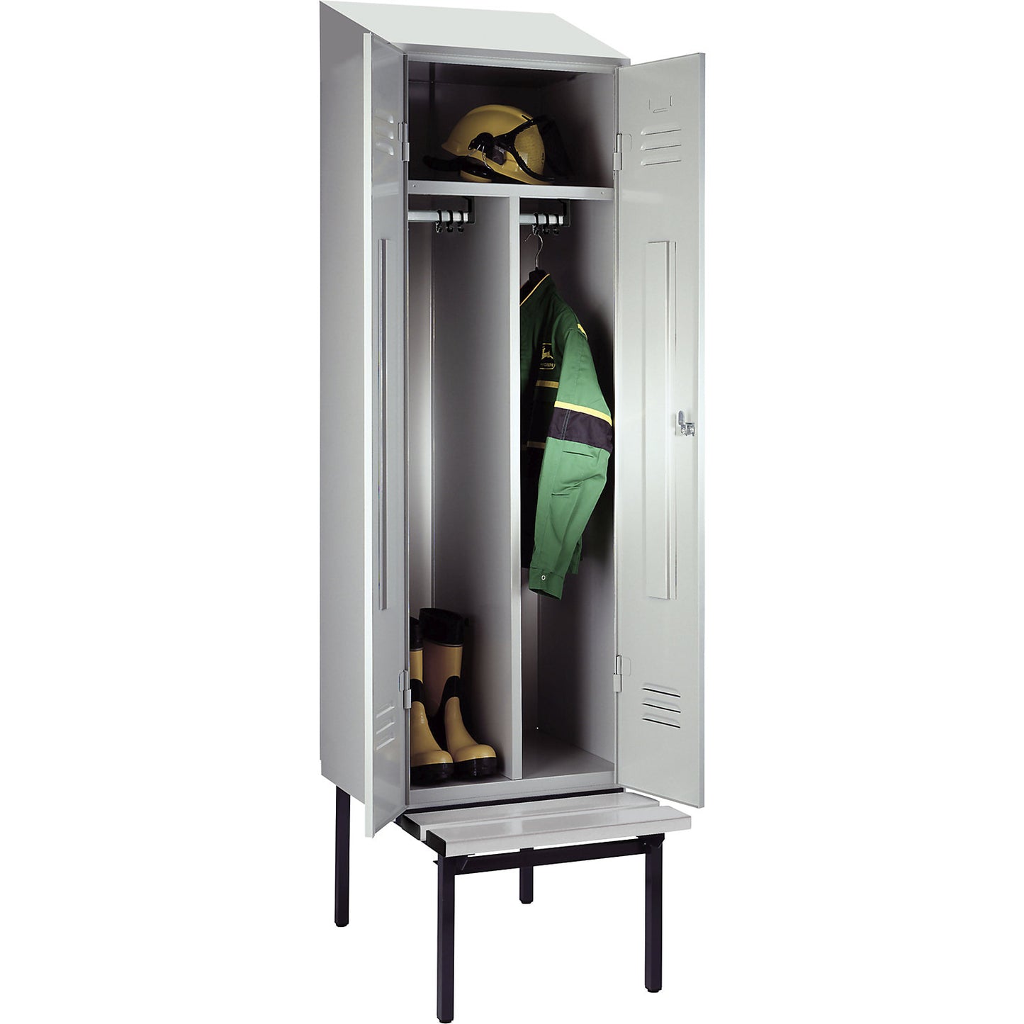 Berlin 2 clean and dirty locker with bench seat, centre divider, 1 compartment, light grey, W 600 mm, bench fitted below, plastic, sloping roof.