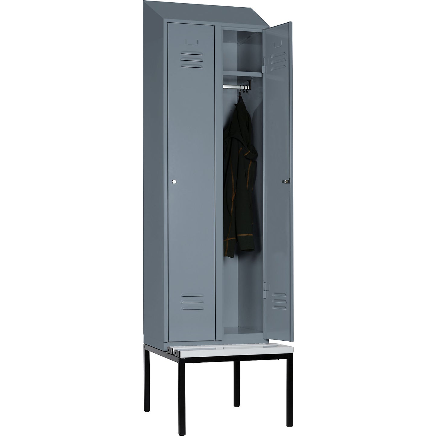 Berlin 2 clothes locker with bench seat, 2 compartments, blue grey, W 600 mm, bench fitted below, plastic, sloping roof.