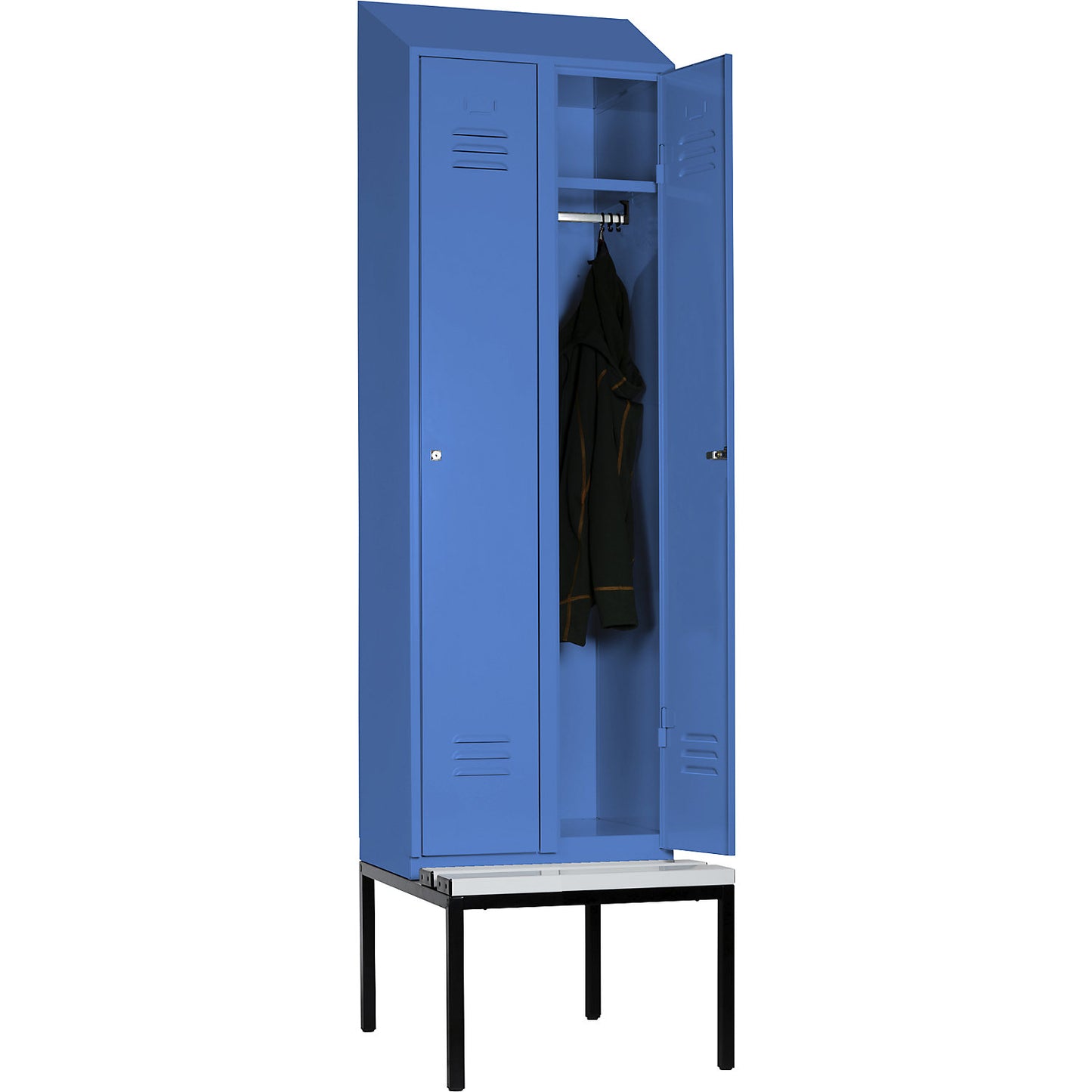 Berlin 2 clothes locker with bench seat, 2 compartments, light blue, W 600 mm, bench fitted below, plastic, sloping roof.