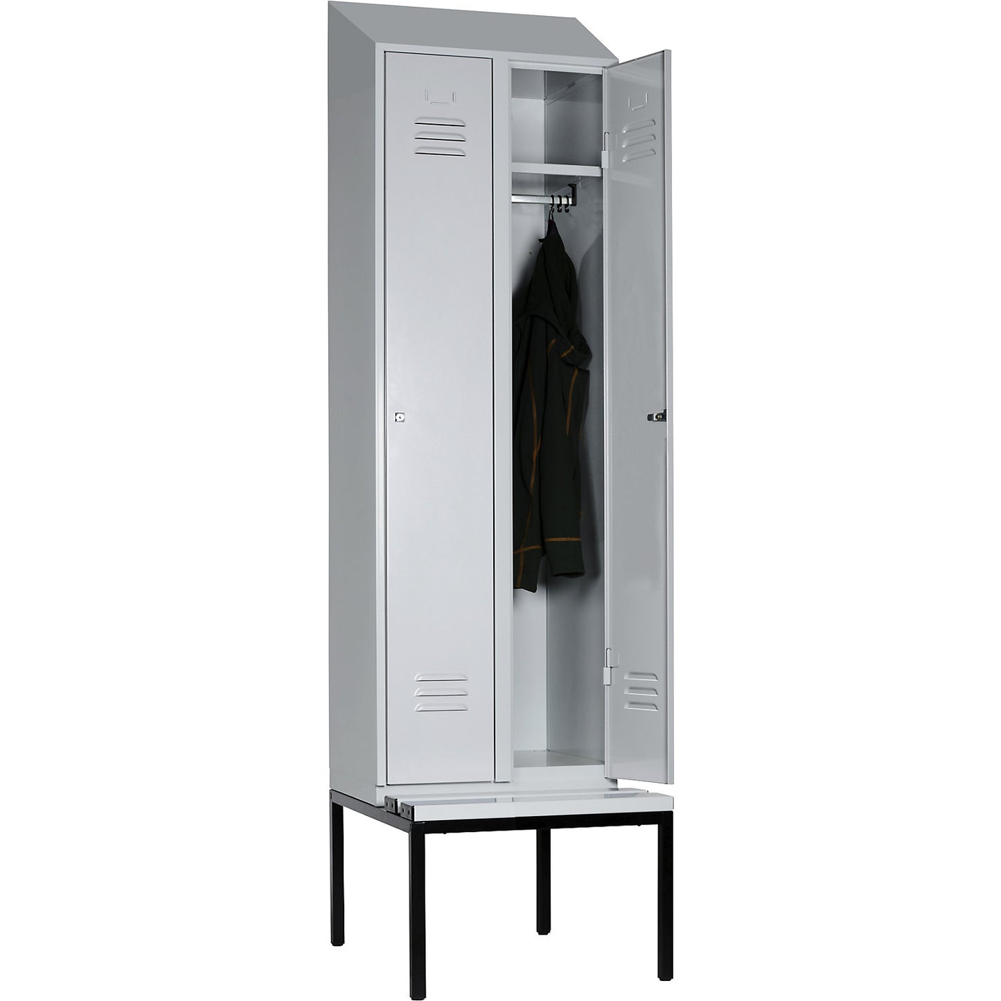 Berlin 2 clothes locker with bench seat, 2 compartments, light grey, W 600 mm, bench fitted below, plastic, sloping roof.