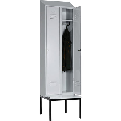 Berlin 2 clothes locker with bench seat, 2 compartments, light grey, W 600 mm, bench fitted below, plastic, sloping roof.