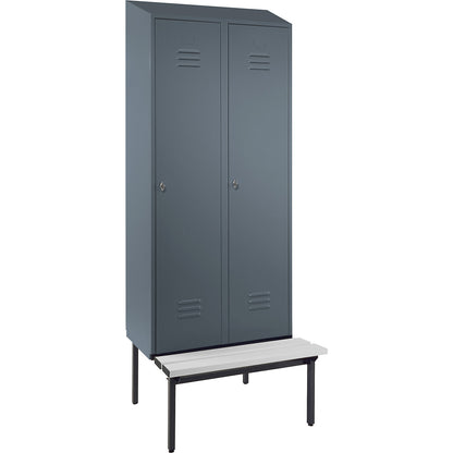 Berlin 2 clothes locker with bench seat, 2 compartments, blue grey, W 800 mm, bench fitted below, plastic, sloping roof.