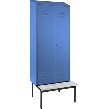 Berlin 2 clothes locker with bench seat, 2 compartments, light blue, W 800 mm, bench fitted below, plastic, sloping roof.