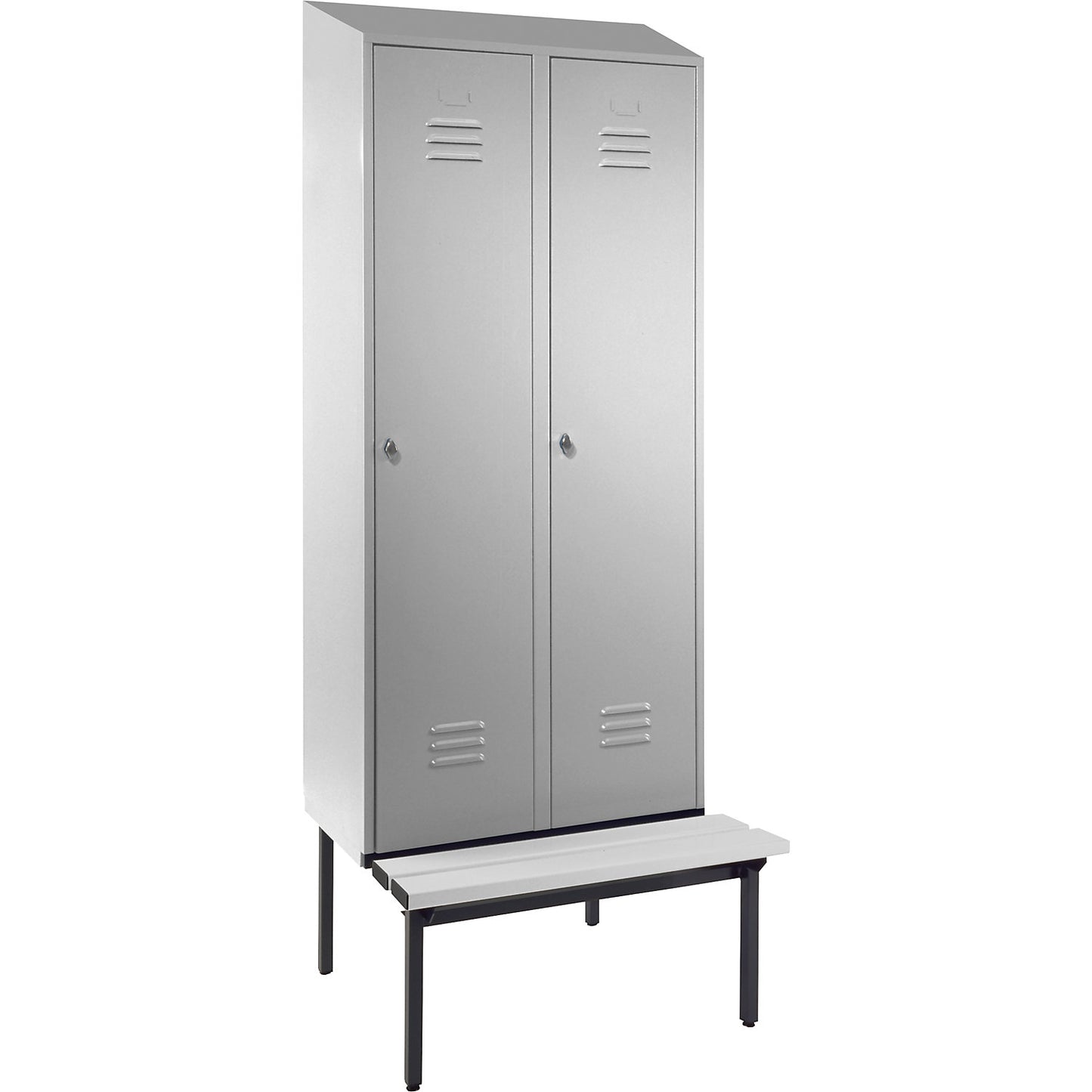 Berlin 2 clothes locker with bench seat, 2 compartments, light grey, W 800 mm, bench fitted below, plastic, sloping roof.