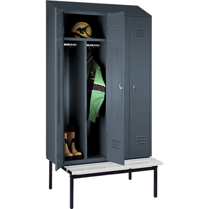 Berlin 2 clean and dirty locker with bench seat, centre divider, 2 compartments, blue grey, W 1200 mm, bench fitted below, plastic, sloping roof.