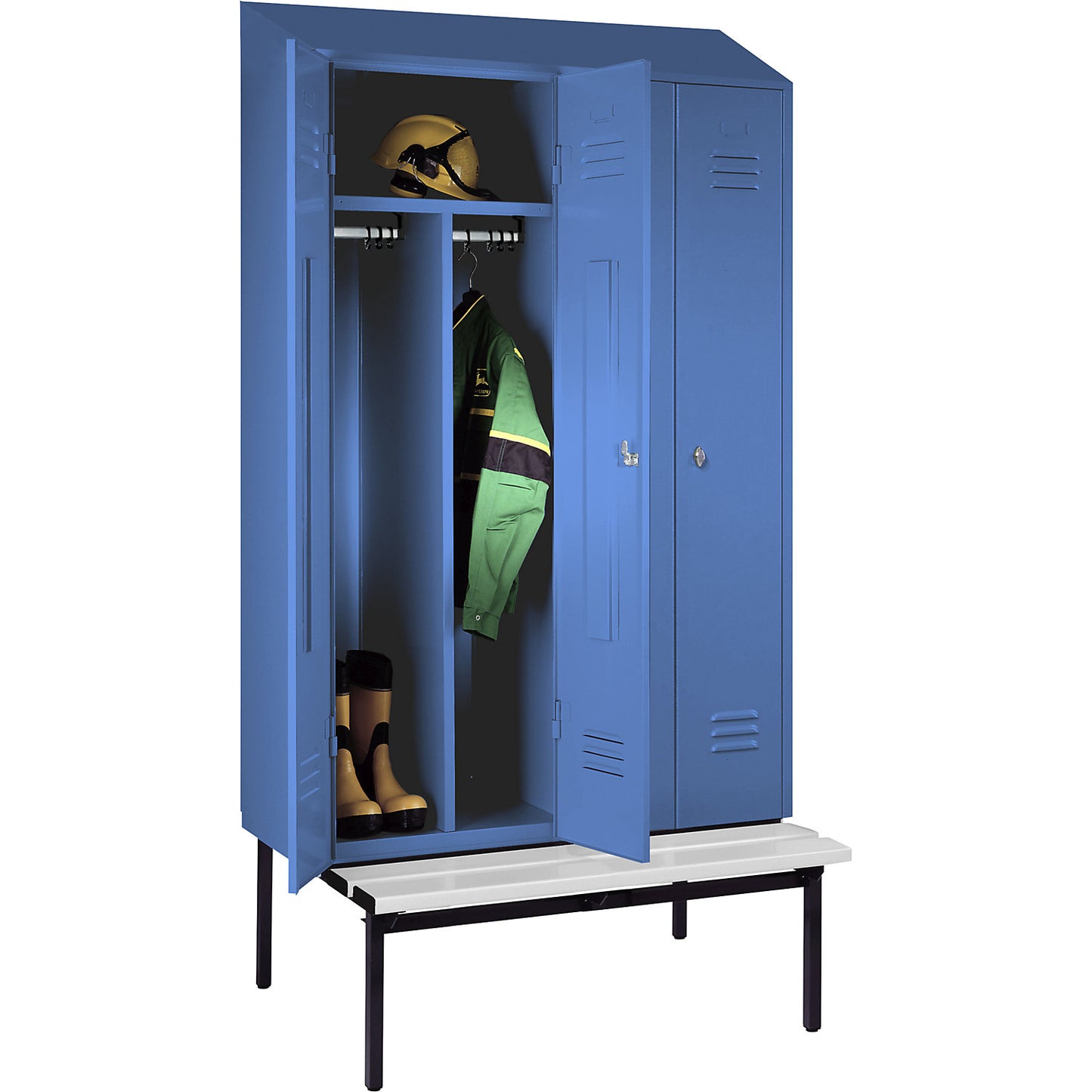 Berlin 2 clean and dirty locker with bench seat, centre divider, 2 compartments, light blue, W 1200 mm, bench fitted below, plastic, sloping roof.