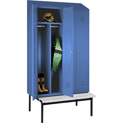 Berlin 2 clean and dirty locker with bench seat, centre divider, 2 compartments, light blue, W 1200 mm, bench fitted below, plastic, sloping roof.