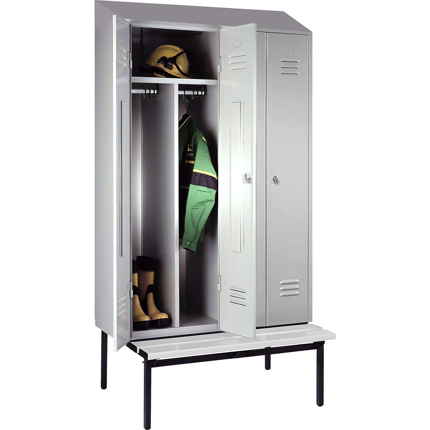 Berlin 2 clean and dirty locker with bench seat, centre divider, 2 compartments, light grey, W 1200 mm, bench fitted below, plastic, sloping roof.