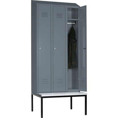Berlin 2 clothes locker with bench seat, 3 compartments, blue grey, W 900 mm, bench fitted below, plastic, sloping roof.