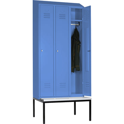 Berlin 2 clothes locker with bench seat, 3 compartments, light blue, W 900 mm, bench fitted below, plastic, sloping roof.