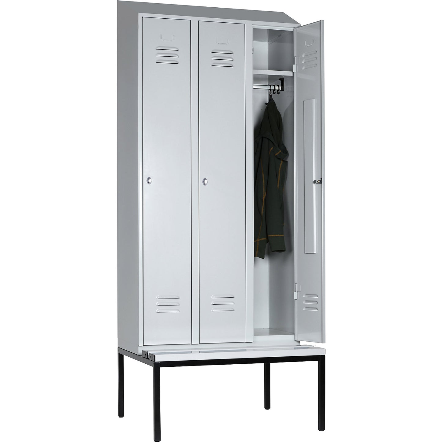 Berlin 2 clothes locker with bench seat, 3 compartments, light grey, W 900 mm, bench fitted below, plastic, sloping roof.