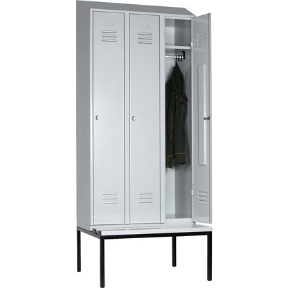 Berlin 2 clothes locker with bench seat, 3 compartments, light grey, W 900 mm, bench fitted below, plastic, sloping roof.