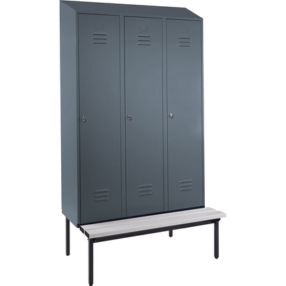 Berlin 2 clothes locker with bench seat, 3 compartments, blue grey, W 1200 mm, bench fitted below, plastic, sloping roof.