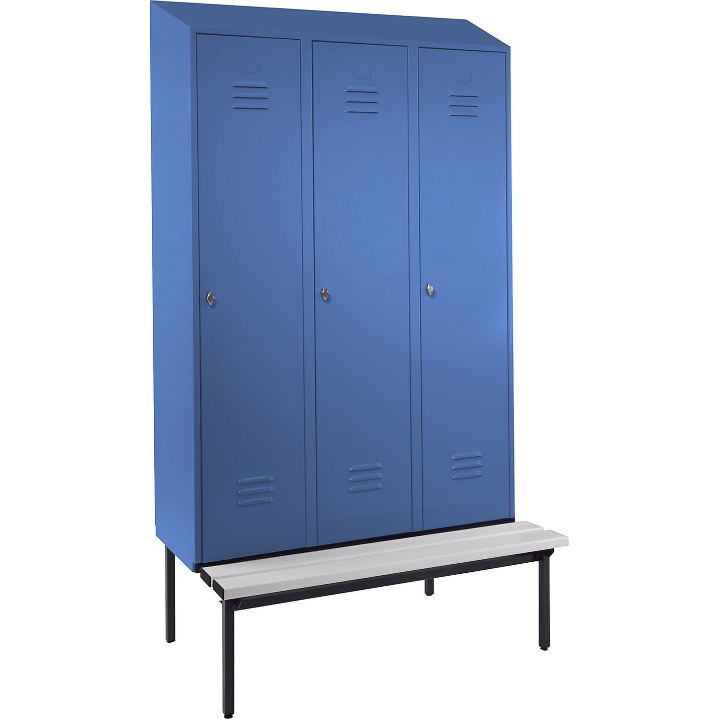 Berlin 2 clothes locker with bench seat, 3 compartments, light blue, W 1200 mm, bench fitted below, plastic, sloping roof.
