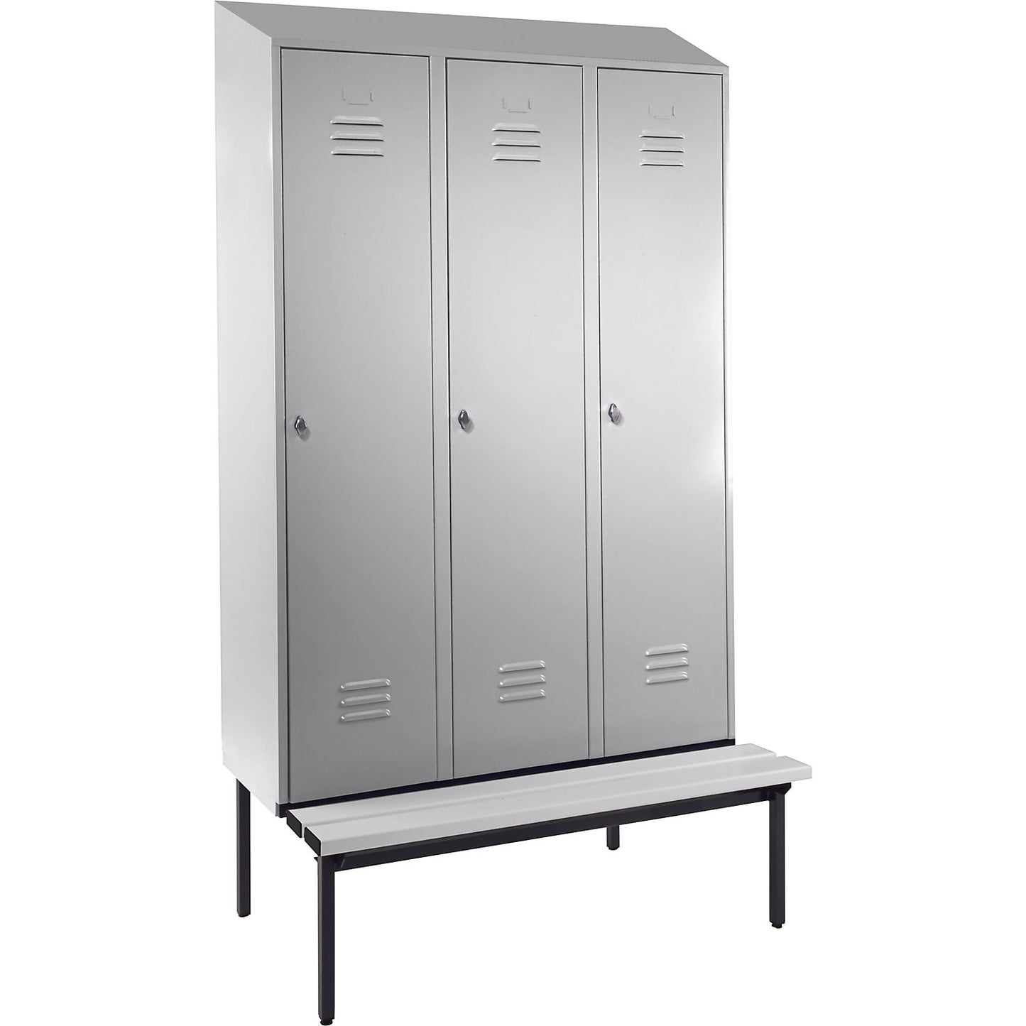 Berlin 2 clothes locker with bench seat, 3 compartments, light grey, W 1200 mm, bench fitted below, plastic, sloping roof.
