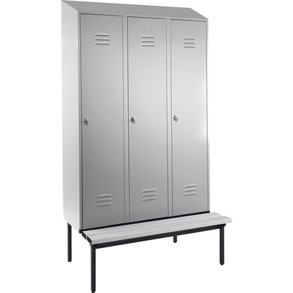 Berlin 2 clothes locker with bench seat, 3 compartments, light grey, W 1200 mm, bench fitted below, plastic, sloping roof.