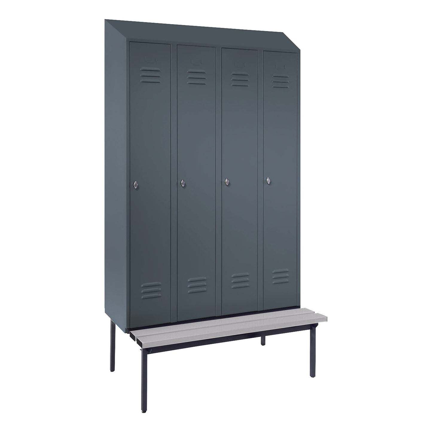 Berlin 2 clothes locker with bench seat, 4 compartments, blue grey, W 1200 mm, bench fitted below, plastic, sloping roof.