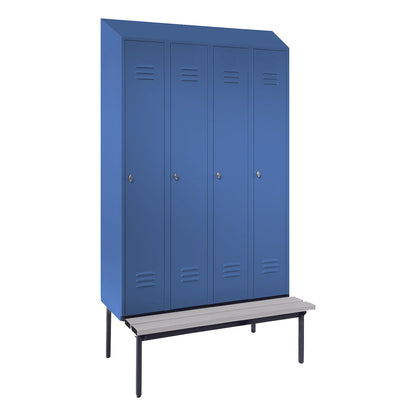 Berlin 2 clothes locker with bench seat, 4 compartments, light blue, W 1200 mm, bench fitted below, plastic, sloping roof.