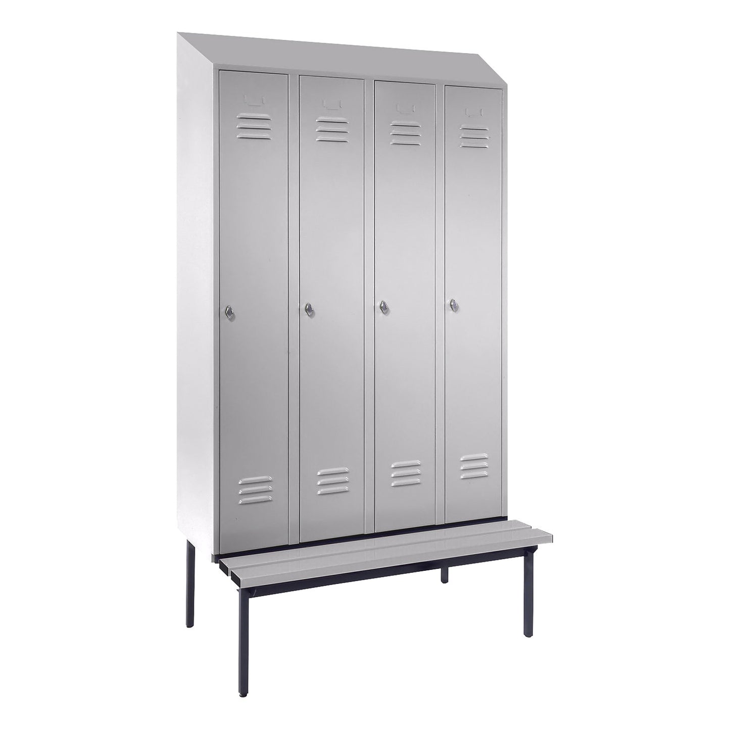 Berlin 2 clothes locker with bench seat, 4 compartments, light grey, W 1200 mm, bench fitted below, plastic, sloping roof.
