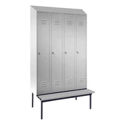 Berlin 2 clothes locker with bench seat, 4 compartments, light grey, W 1200 mm, bench fitted below, plastic, sloping roof.