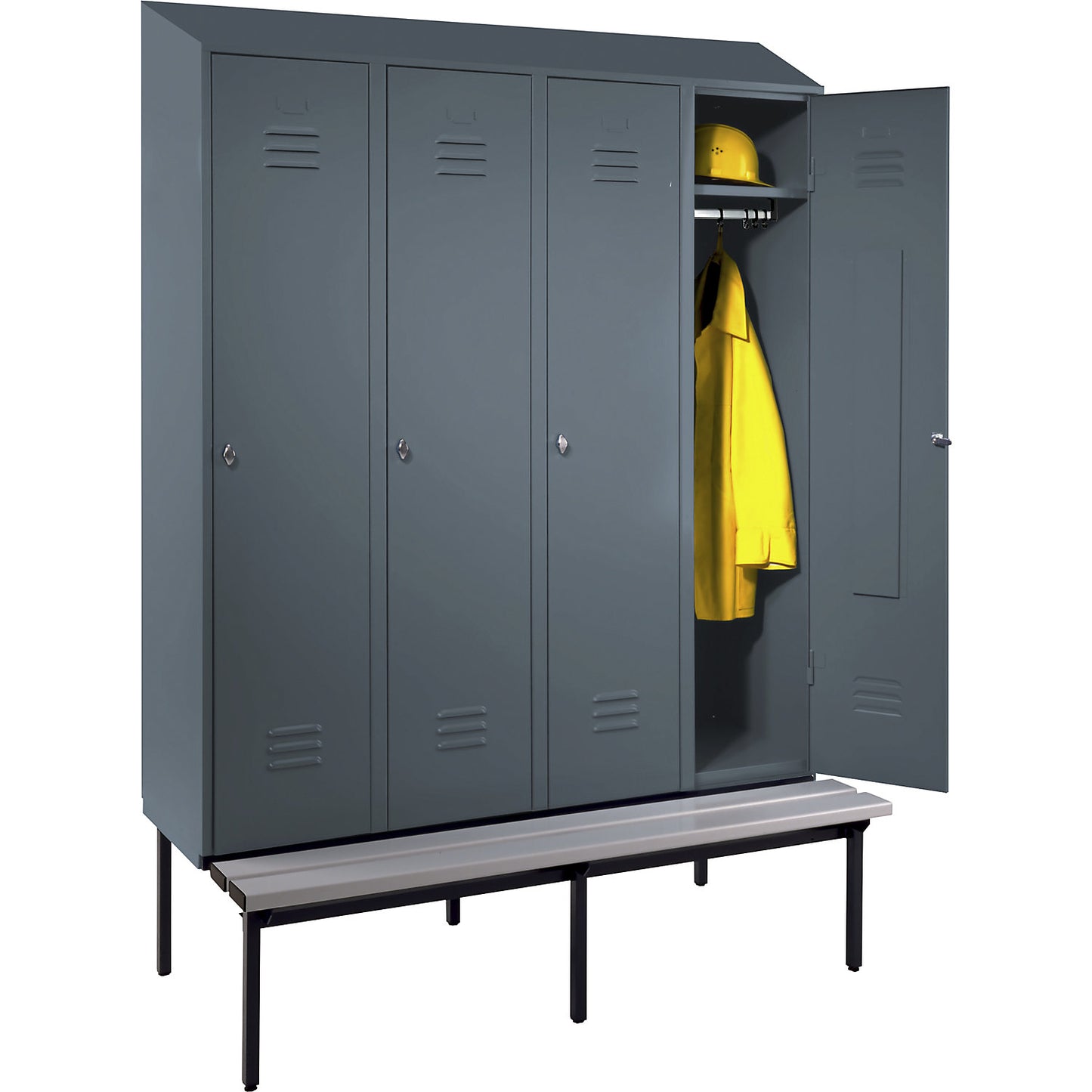 Berlin 2 clothes locker with bench seat, 4 compartments, blue grey, W 1600 mm, bench fitted below, plastic, sloping roof.